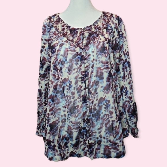 Beachlunchlounge Button Down Long Sleeve Sheer Cotton Peasant Blouse - Picture 2 of 8